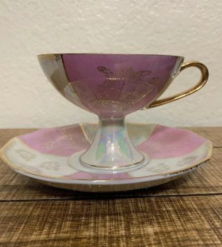 Vintage,  Enesco Iridescent Footed Pedestal,  Cup & Saucer Set Made In Japan