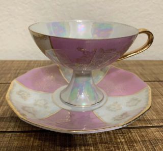 Vintage,  Enesco Iridescent Footed Pedestal,  Cup & Saucer Set Made in Japan 2