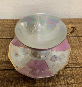 Vintage,  Enesco Iridescent Footed Pedestal,  Cup & Saucer Set Made in Japan 3