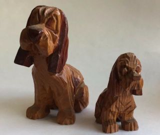Vintage Hand Carved Folk Art Wood Basset Hound Dog & Puppy Figurines Woodworking