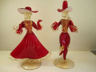 Vtg Murano Art Glass Man & Lady Figurines In Brilliant Red & Clear Glass