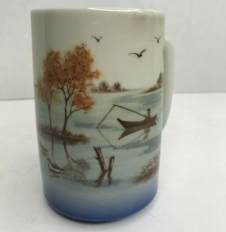 Vintage Otagiri Japan Tall Coffee Mug Tea Cup Lake Boat Fishing Ducks Birds Euc