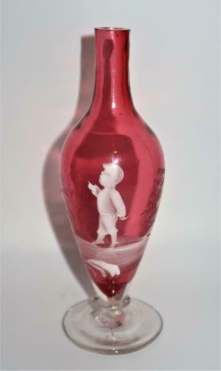 Antique Art Glass Mary Gregory Cranberry Bud Vase Hand Painted Boy 6 1/4 "