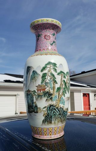Huge Vintage Chinese Porcelain Famille Rose Landscape Vase 24 "