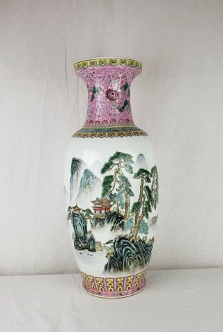 Huge Vintage Chinese Porcelain Famille Rose Landscape Vase 24 