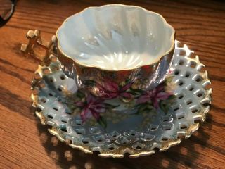 Vintage Tea Cup & Saucer Lm Royal Halsey Very Fine China Lusterware Reticulated