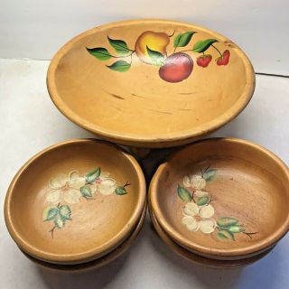 Vintage Mid Century Wood Salad Set With Four 4 Bowls Hand Painted 1940s - 50s