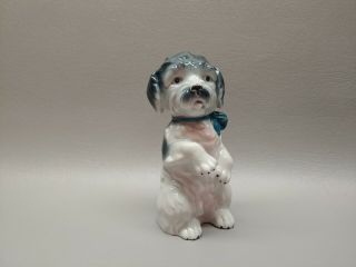 Vintage Germany Porcelain Sitting Terrier Dog Green Bow Figurine