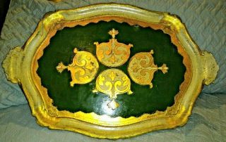 Vintage Italy Florentine Paper Mache Large Tray Plate Gold & Green 16 " X 24 "