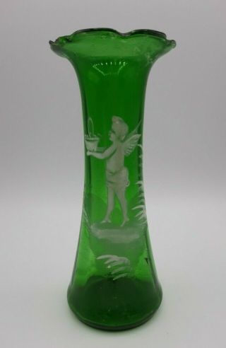 Antique Mary Gregory Green Glass Vase White Enamel Cherub With Basket