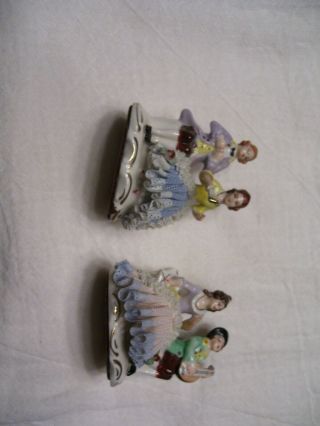 Vtg 2 Mini Dresden Couple Place Name Card Holder ? Lace Ceramic Figurine Germany