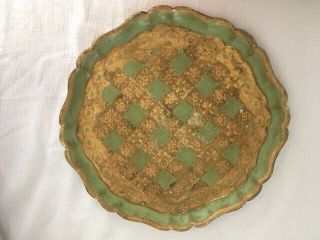 Antique Vintage Italian Florentine Green Gold Decorative Round Tray - Guc