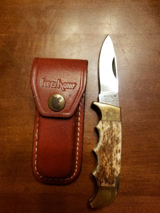 Vintage Kershaw Kai Japan 1040 Lockback Folding Knife Bone Handle W/ Orig Sheath