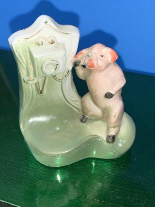 Vintage German? Porcelain Pink Pig On A Phone Figurine 4923