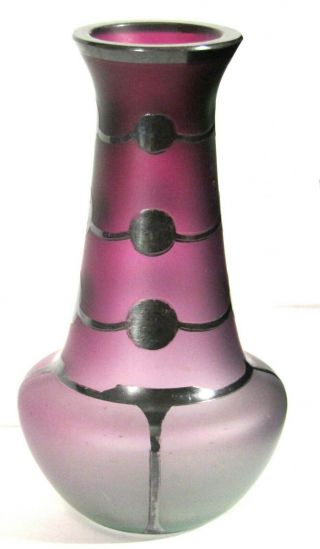 4 " Satin Amethyst Fade Art Glass Vase With Silver Overlay