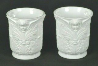 Pair White Bisque Cachepots With Angels / Cupids / Putti - Floral Motif 3 - 1/2 "