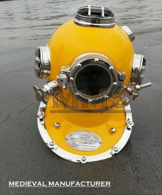 Vintage Yellow Copper Scuba Diving Helmet Us Navy Mark V Deep Sea Boston Divers