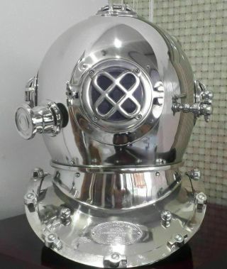 Vintage Silver Chrome Diving Helmet US Navy Mark V Brass Style Marine Scuba Gift 3