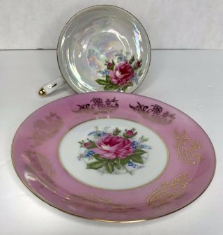 Lm Royal Halsey Very Fine China Footed Cup & Saucer Pink White Luster Gold Roses