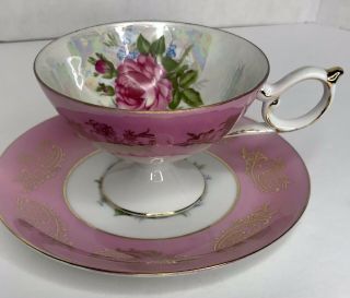 LM Royal Halsey Very Fine China Footed Cup & Saucer Pink White Luster Gold Roses 2