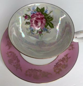 LM Royal Halsey Very Fine China Footed Cup & Saucer Pink White Luster Gold Roses 3