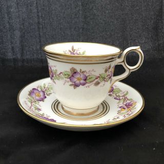 Vtg Royal Chelsea Bone China Tea Cup And Saucer Purple Flowers Gold Bands 1950s