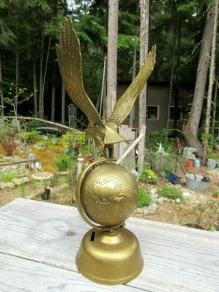Vintage Solid Brass Eagle Coin Bank Spinning World Globe Sculpture 14 " Tall Bird