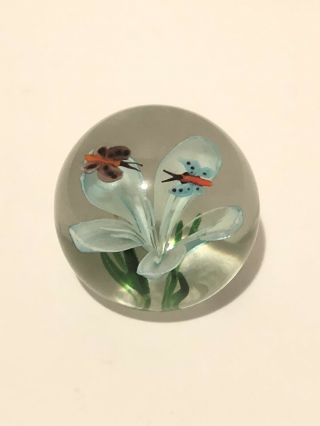 Flower And Butterfly Handblown Glass Paperweight Blue Polka