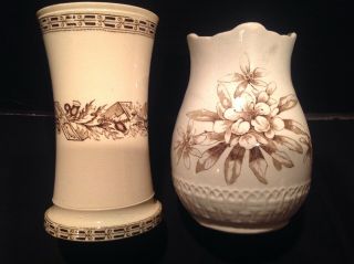 Two Victorian Brown Transferware Vases 19th Century Ceramics