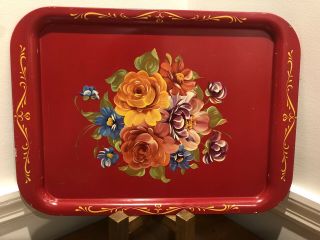 Vintage Hand Painted Toleware Red Floral Metal Serving Tray Flowers