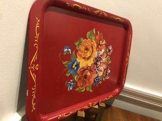 Vintage Hand Painted Toleware Red Floral Metal Serving Tray Flowers 2