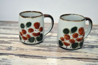 Vintage Orange Brown Floral Ceramic Stoneware Mugs Cups Set Of 2