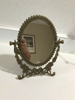 Vintage Metal Table Top Vanity Oval Mirror Double