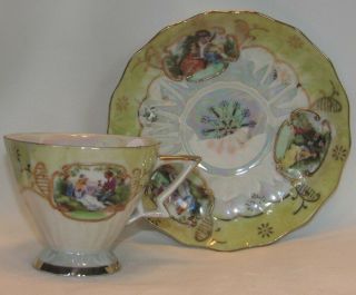 Vintage Lefton Hand Painted Yellow Luster Courting Couple Cup & Saucer