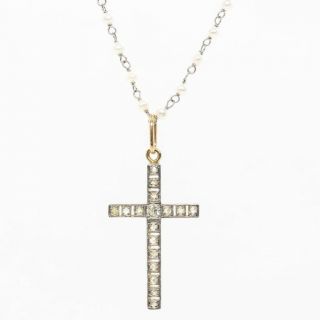 Antique Art Deco 18K Gold & Platinum Cross and Pearls Necklace PRICE 2
