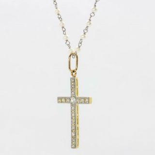 Antique Art Deco 18K Gold & Platinum Cross and Pearls Necklace PRICE 3