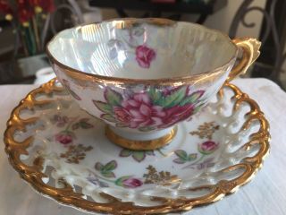 Vintage Tea Cup And Saucer Resshar Shafford Hand Painted Lusterware (rare)