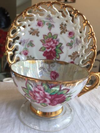 VINTAGE TEA CUP AND SAUCER ResShar SHAFFORD HAND PAINTED LUSTERWARE (RARE) 2