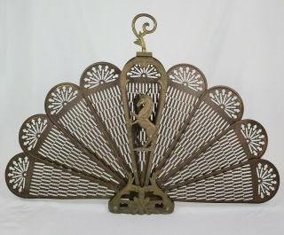 Vintage Art Deco Brass Unicorn Fireplace Folding Screen Peacock Hearth Fire Fan