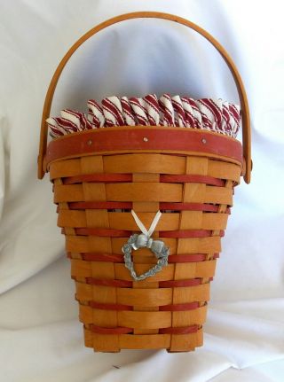 Longaberger 1996 Sweetheart Basket Combo Liner Protector & Pewter Tie On Pin