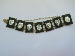 Rare Vintage Japan Sterling Silver Noh Theatre Masks Brass Bracelet