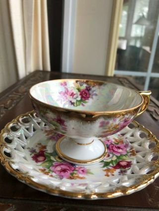 Shafford Tea Cup & Saucer Hand Painted Lusterware Rose Floral Footed Japan