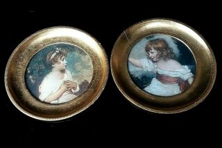 Set Of 2 Vintage Small Round Framed Pictures Victorian Girls Florentia Italy
