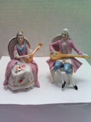 Vintage German Crown Mark N Porcelain Man And Women Gold Trim Playing Instrument