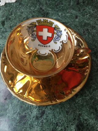 Vintage Tea Cup / Saucer Set “schweiz” Flag With Gilt Bavaria Germany