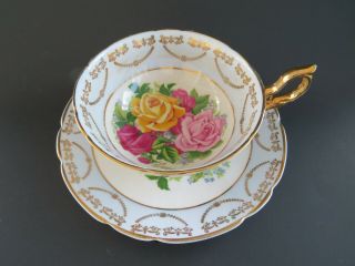 Wide Regency Teacup & Saucer Blue With Full Large Cabbage Roses