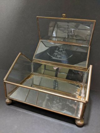 Vintage Glass Brass Jewelry Box Etched Ship Footed Trinket Box Mirror Sailing