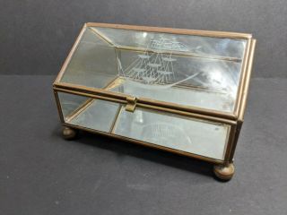 Vintage Glass Brass Jewelry Box Etched Ship Footed Trinket Box Mirror Sailing 2