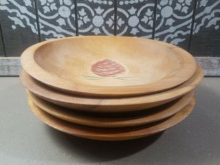 Vintage Munising Small Wooden Bowl Set Of 4 With Pine Cone Design 7 " X 6.  5 "