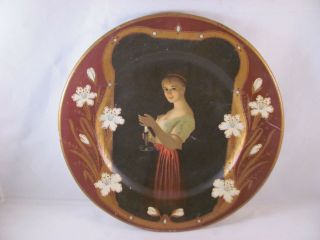 Antique Vienna Art Plate Tin Litho Woman Holding A Candle 10 In 1905 Unusual
